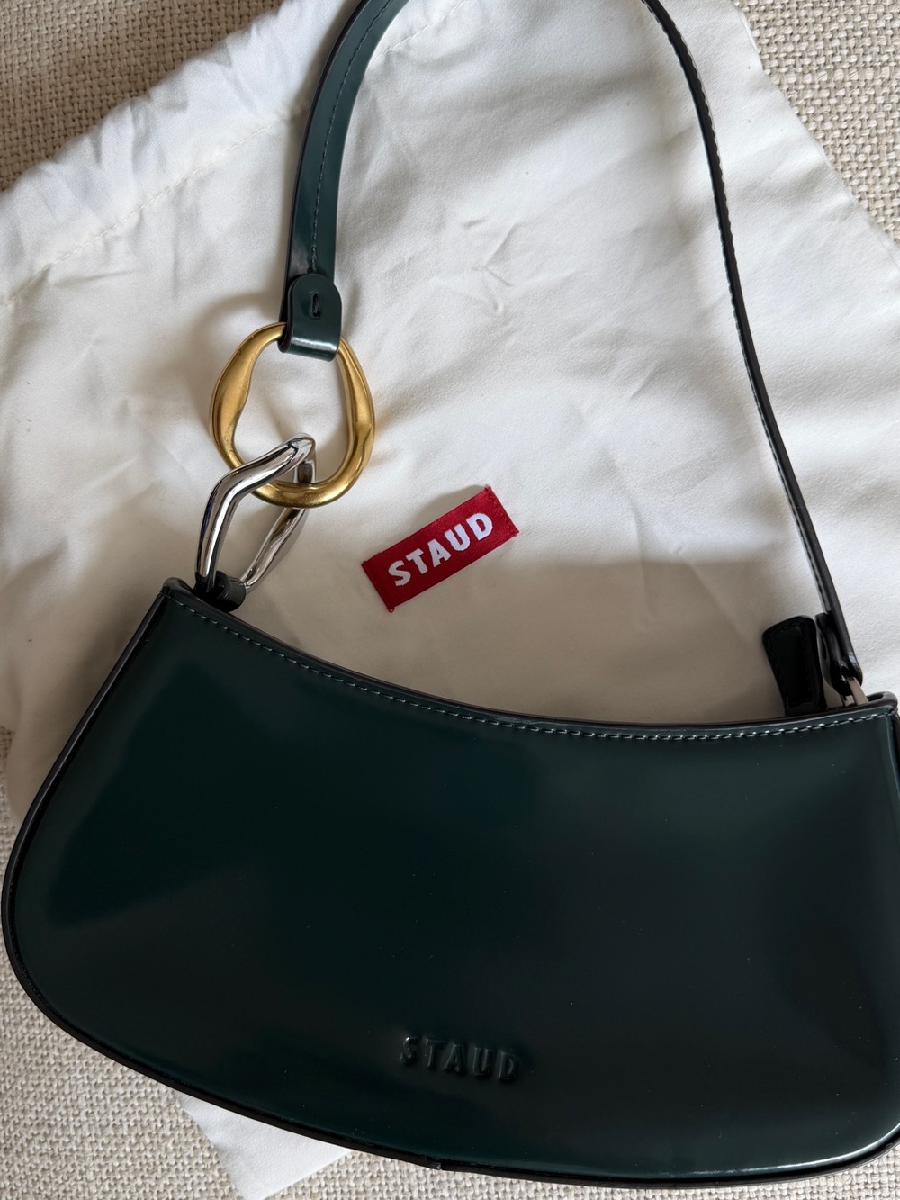 STAUD Dark Green Patent Shoulder Bag with Mixed Metal Chain - Picture 2 of 4